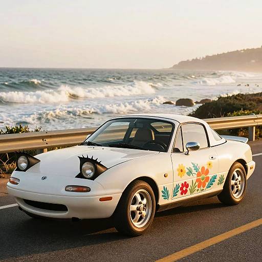 Photograph of a white, vintage Toyota MR2 with colorful floral decals, parked on a coastal road with crashing waves in the background at sunset.