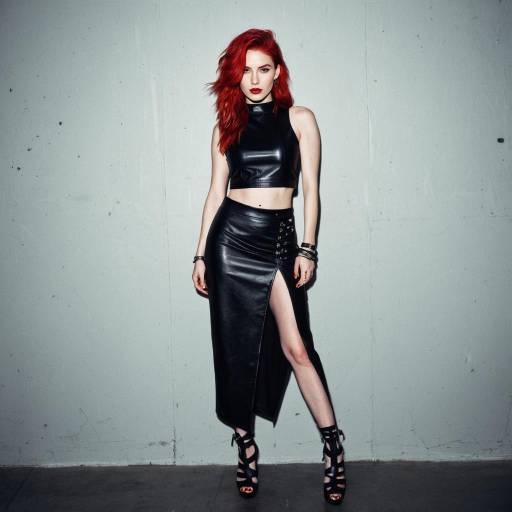 Edgy woman in black leather outfit with red hair