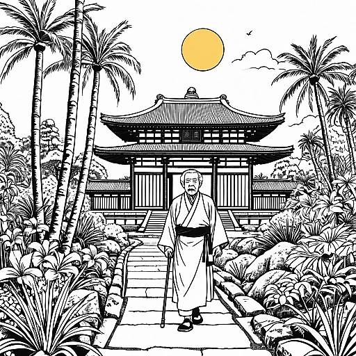 Elderly Man in Japanese Temple Garden