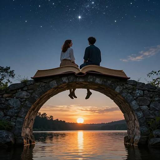 Photograph of a couple sitting on an open book atop a stone arch bridge, watching a starry night sky over a sunset-lit lake.