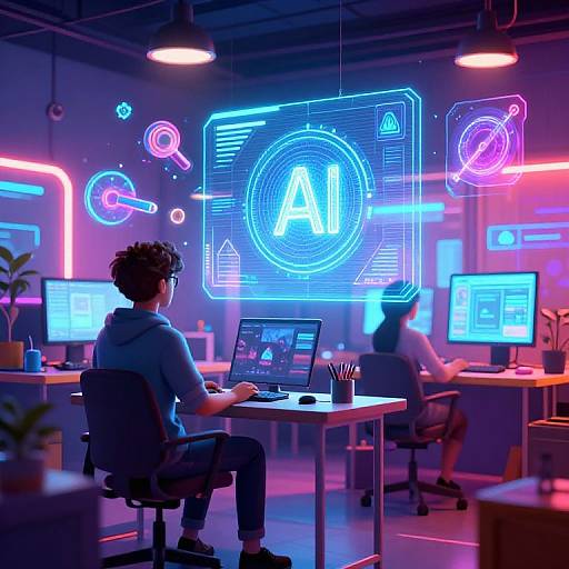 Photograph of a neon-lit, futuristic workspace with a curly-haired person in a hoodie working on a laptop, surrounded by glowing blue and pink digital