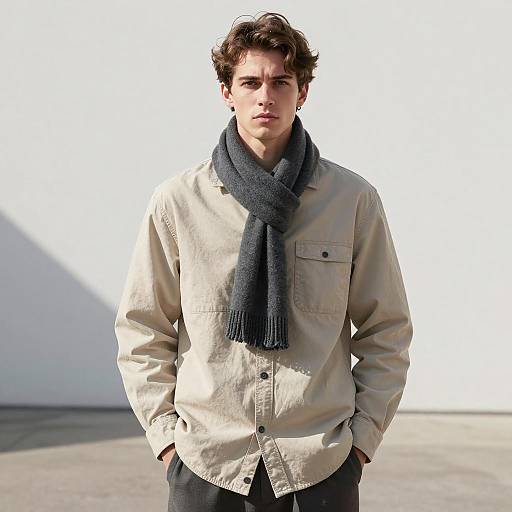 Young Man in Beige Shirt and Gray Scarf Outdoors