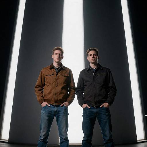 Two Men in front of Dark Structure