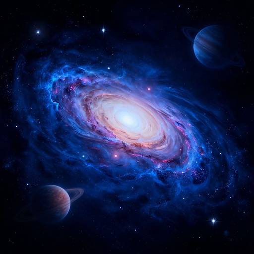 Photograph-style digital artwork of a vibrant, glowing spiral galaxy with blue and pink swirls, surrounded by dark space, stars, and three distant planets