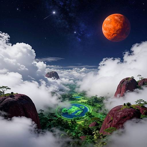 Digital artwork: Vibrant, surreal landscape with a glowing green Earth, surrounded by clouds, red rocky formations, and a large red planet in a star