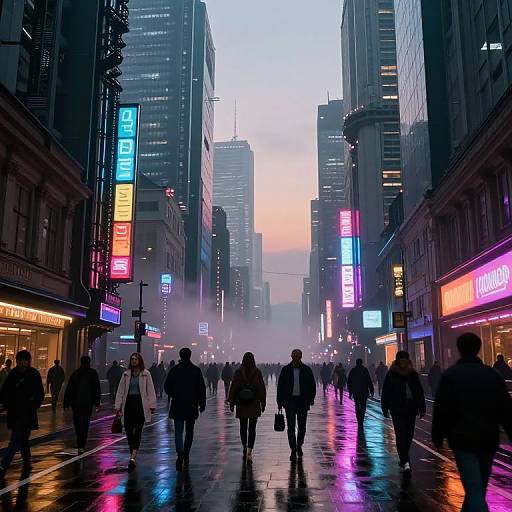 Photograph of a foggy, neon-lit urban street at dusk, with silhouetted pedestrians walking on a reflective, wet sidewalk. Bright