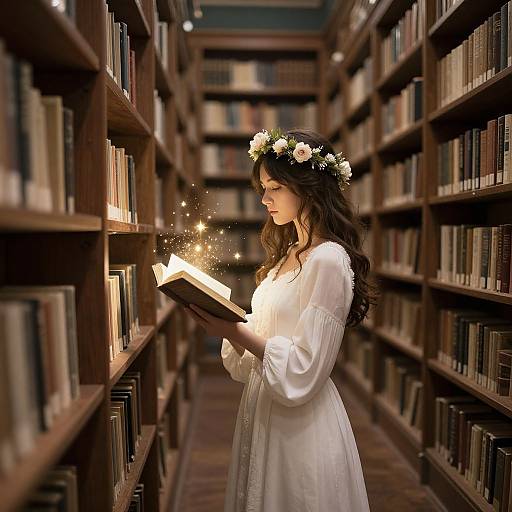 A fair-skinned woman with long brown hair, wearing a white dress and flower crown, reads a glowing book in a dim, wooden library aisle.