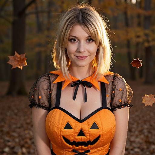 Photograph of a blonde woman with shoulder-length hair, wearing a sexy, orange Halloween dress with black lace and a jack-o'-lantern face,