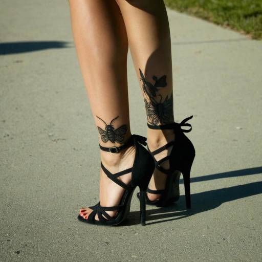 Woman's legs with butterfly tattoos and black high heels