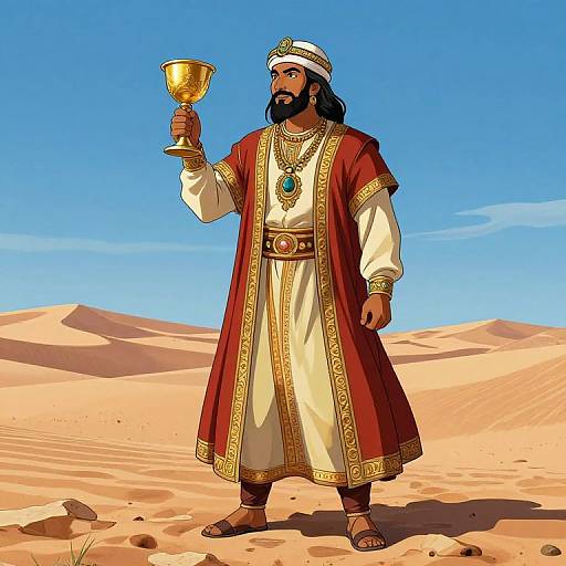 Digital illustration of a bearded Middle Eastern king in red and gold robe, white turban, holding a golden chalice, standing in a bright blue