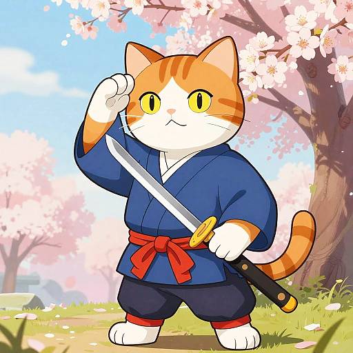 Digital cartoon of an orange and white cat in a blue kimono with red sash, holding a sword, standing under cherry blossoms.
