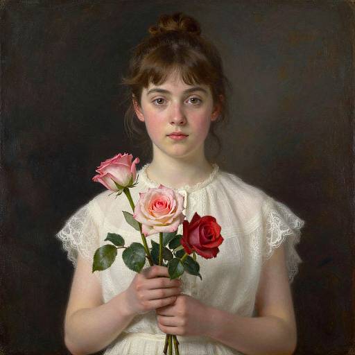Photorealistic painting of a young girl with fair skin, brown hair in a bun, wearing a white lace dress, holding pink and red roses against