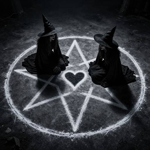 Two shadowy witches in pointy hats kneel at a glowing white pentagram with a heart, set against a dark, textured background. Photographic