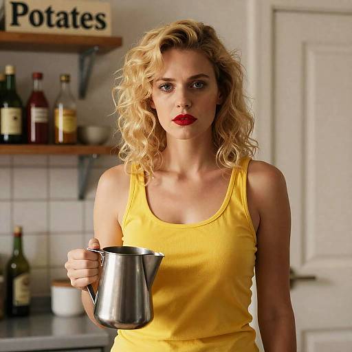 Serious Blonde Woman in Kitchen Scene