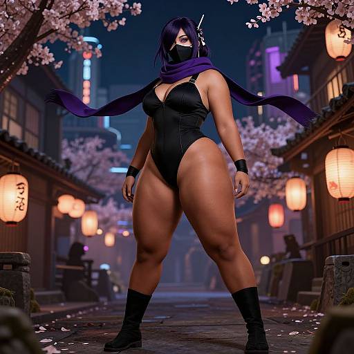 Cyberpunk Female Ninja in Futuristic Village