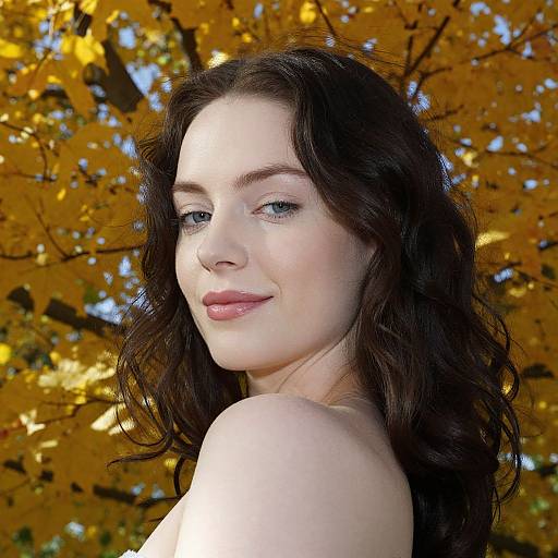 Photograph of a fair-skinned woman with wavy dark brown hair, blue eyes, and pink lips, smiling against a backdrop of bright yellow autumn