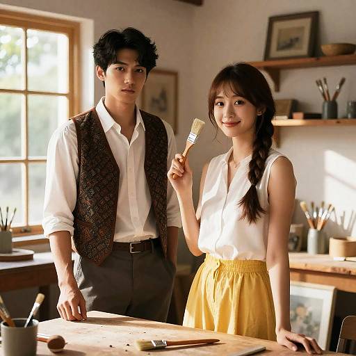 Artists in a Sunlit Rustic Workshop