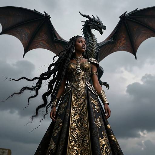 Photograph-style digital art of a dark-skinned woman with long, wavy black hair, wearing a gold-embroidered black dress, standing