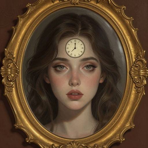 Digital painting of a fair-skinned, dark-haired woman with a clock on her forehead, framed in an ornate gold oval picture frame.