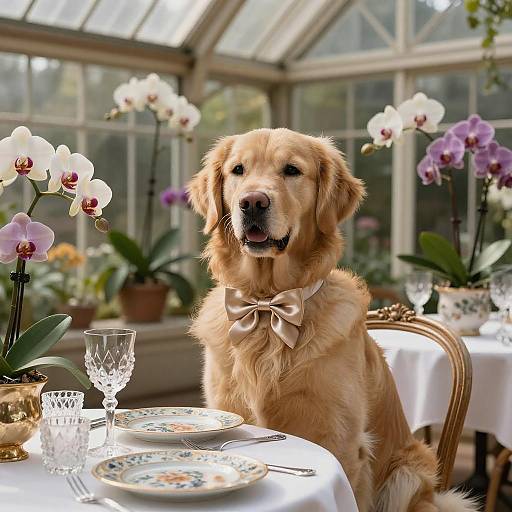 Elegant Golden Retriever in Victorian Greenhouse