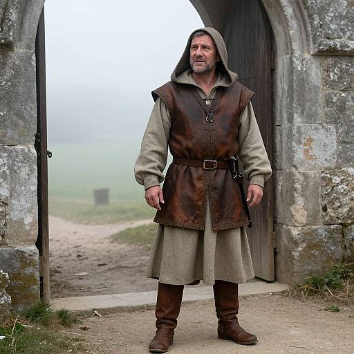 Photograph of a middle-aged man with gray beard, wearing medieval attire—brown leather vest over beige tunic, standing in stone archway. Background