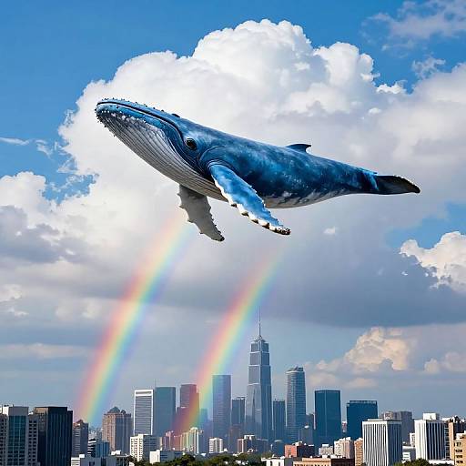 Photorealistic digital artwork of a blue whale flying above a city skyline with rainbows, bright blue sky, and fluffy clouds.