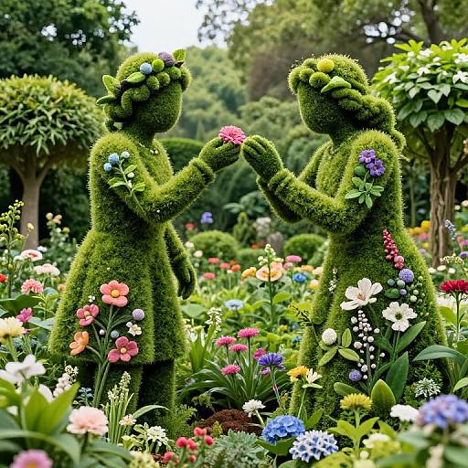 Photograph of two topiary green mannequins with flower crowns, holding flowers in a vibrant, colorful garden filled with diverse flowers and