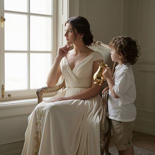 Photograph of an elegant woman with dark hair, wearing a white, V-neck gown, seated on an ornate chair, gazing out a window