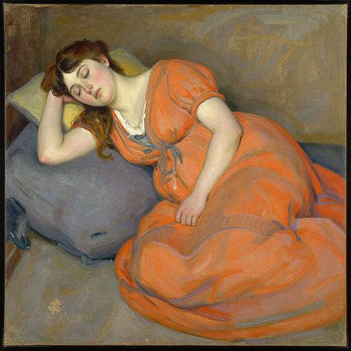 Impressionist painting of a fair-skinned woman with brown hair, asleep on a grey couch in an orange dress, with one arm under her head