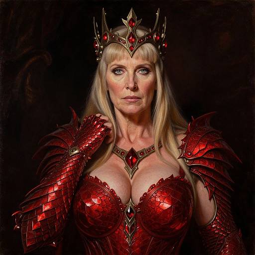 Photorealistic digital artwork of a blonde, fair-skinned queen with large breasts, wearing red, scale-patterned armor, crown, and necklace,