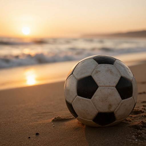 Photograph of a black-and-white soccer ball resting on a sandy beach at sunset, with waves in the background and a glowing sun low on the horizon