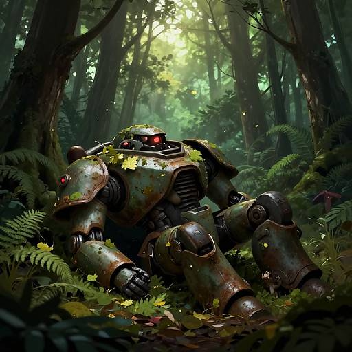 Digital artwork of a rusted, leaf-covered robot reclining in a dense, sunlit forest with ferns and trees, featuring red eyes and intricate