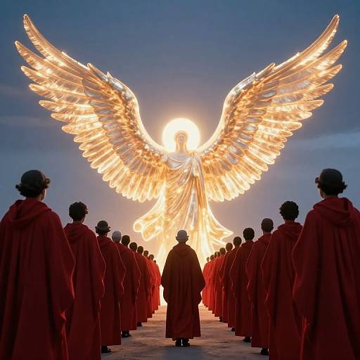 Photograph of a silhouetted monk procession facing a glowing, illuminated angelic figure with large wings, set against a twilight sky.