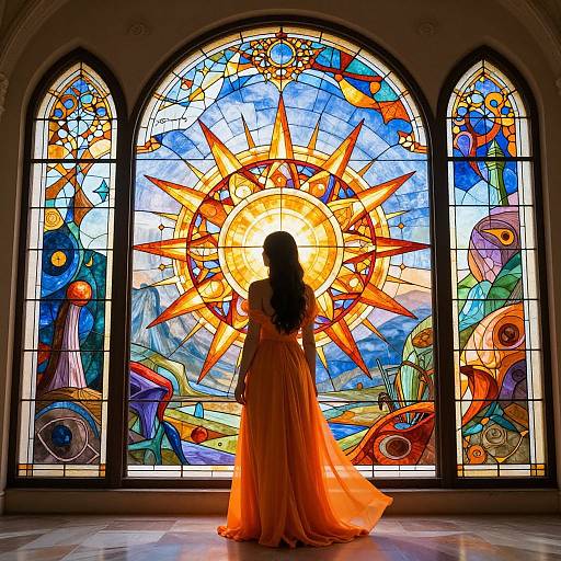 Photograph of a woman in an orange gown standing before a vibrant, sun-themed stained glass window, silhouetted against the colorful, intricate glass