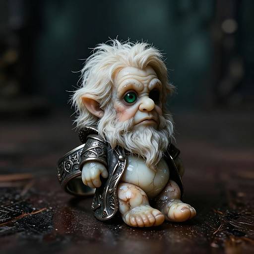 Photorealistic CGI of a small, detailed, white-haired, green-eyed goblin baby with wrinkled skin, wearing ornate silver armor, sitting