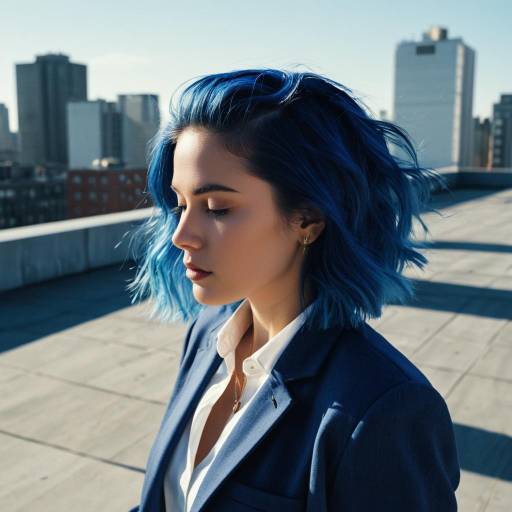 Woman with Sapphire Blue Hair on Urban Rooftop