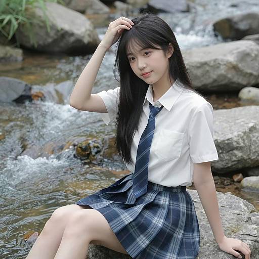 Asian Woman by a Flowing Stream