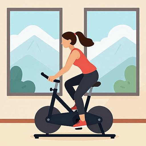 Digital illustration of a woman with brown hair in a ponytail, wearing a red tank top and black pants, riding a stationary bike in a bright room