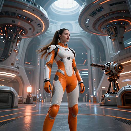 Photorealistic CGI of a confident woman in an orange and white futuristic spacesuit standing in a high-tech, futuristic spaceship interior.