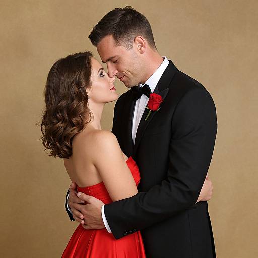 Photograph of a couple in formal attire, man in black tuxedo with red rose boutonniere, woman in red strapless dress,
