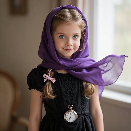Photograph of a young girl with blue eyes, wearing a purple headscarf, black dress, pink bow, and pocket watch, standing in a