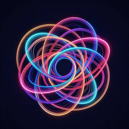 Neon, colorful, interlocking rings light trail against dark blue background, resembling a glowing, abstract, cosmic flower in digital art.