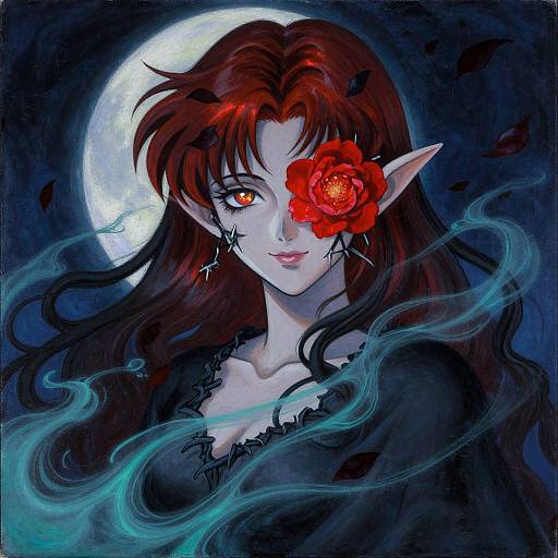 Digital fantasy painting of a pale-skinned, red-haired elf woman with a red flower eyepatch, glowing orange eye, black lace dress, and