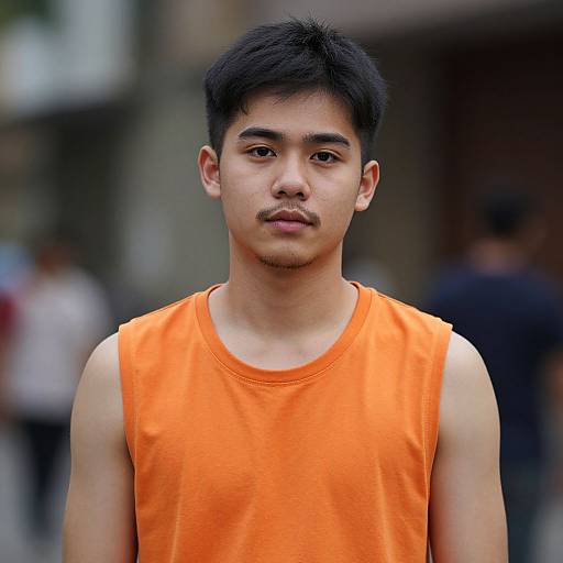 Photograph of a young Asian man with short black hair and a mustache, wearing a sleeveless orange shirt, standing outdoors with a blurred urban background