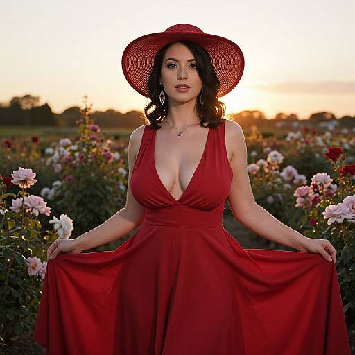 Photograph of a curvy woman with fair skin, dark wavy hair, and large breasts in a deep red, sleeveless dress and wide-br