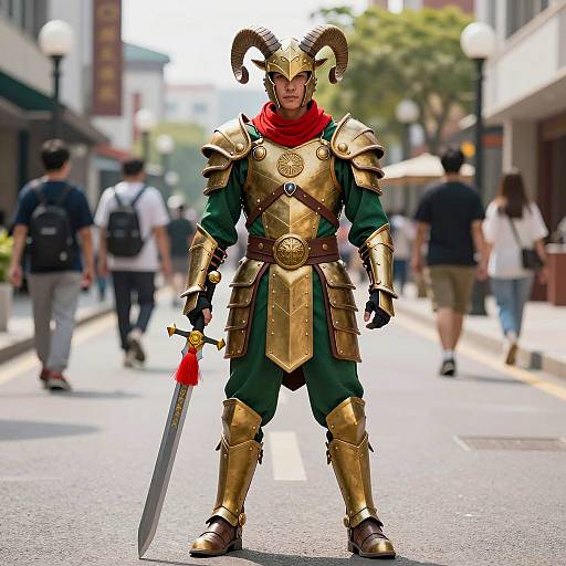 Fantasy Warrior Cosplay with Golden Armor and Ram Horns