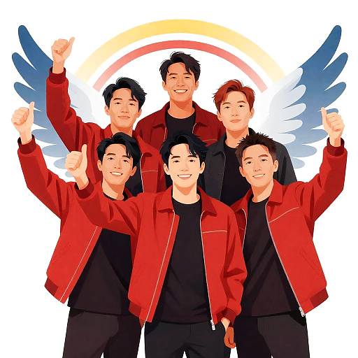 Cheerful Group in Red Jackets Illustration