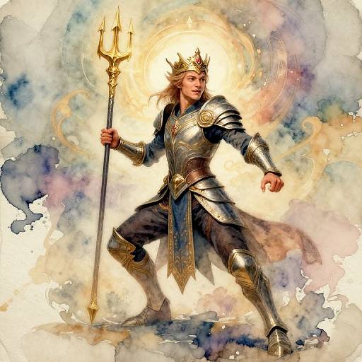 Digital illustration of a regal, blonde warrior with golden crown, holding a trident, in shimmering armor, surrounded by radiant clouds.