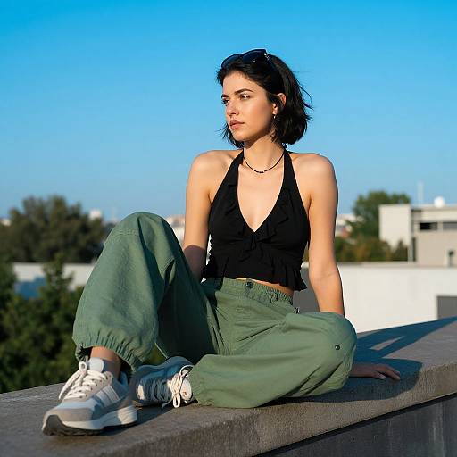 Photograph of a young woman with short black hair, wearing a black halter top, green pants, and white sneakers, sitting on a rooftop against