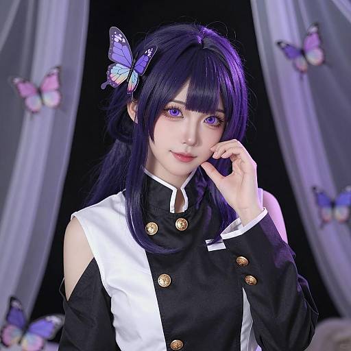 Asian Woman Cosplaying with Purple Hair and Butterfly Accessories
